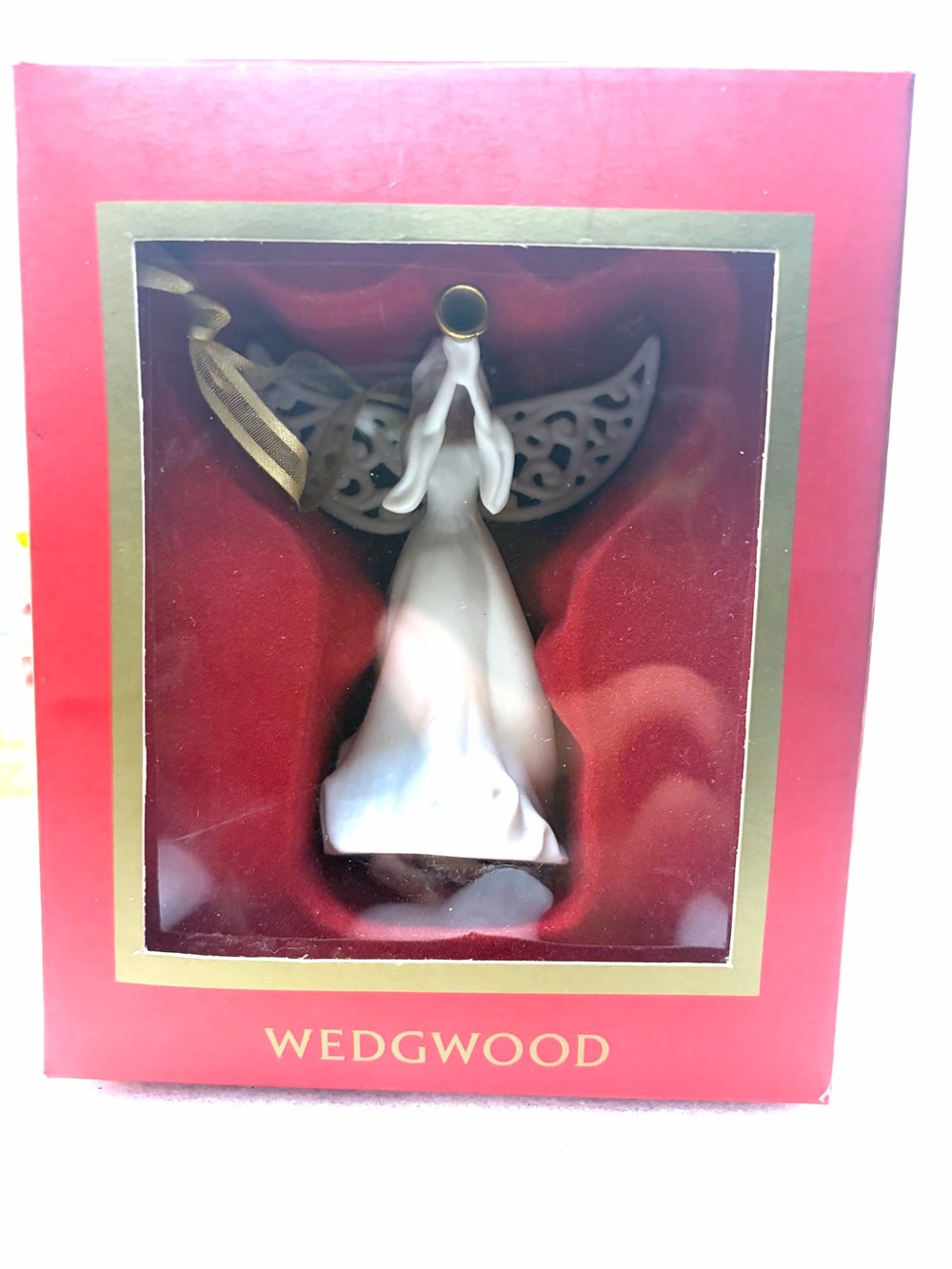 Vintage Wedgwood White Angel Christmas Ornament presented in a red box